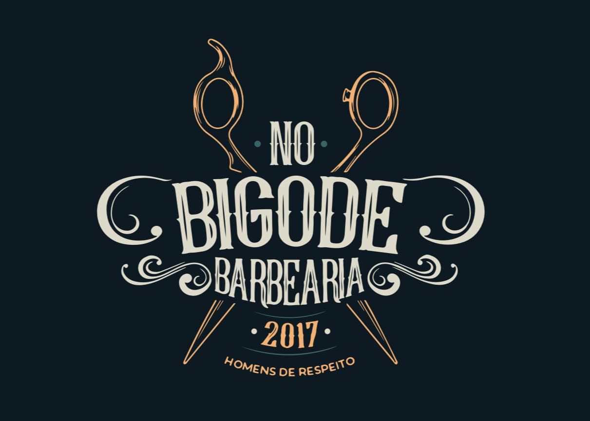 Logotipo da No Bigode Barbearia com elementos vintage, ferramentas de barbeiro cruzadas, ano 2017 e o slogan 'Homens de Respeito'